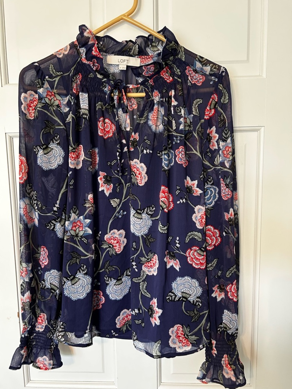LOFT Navy Floral Ruffle Tie-Neck Blouse